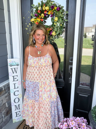 floral mixed pattern color block maxi dress