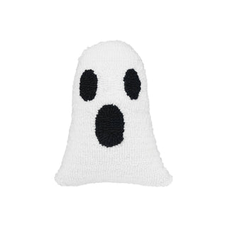 A white plush ghost-shaped pillow with a black embroidered or knit face.