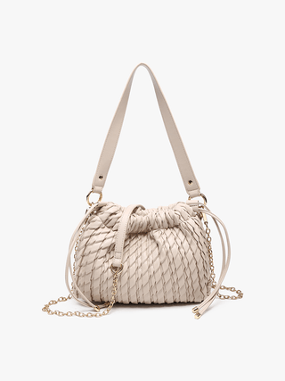 Beige woven handbag with a chain detail 