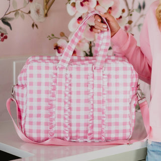 Pink checkered duffle bag 