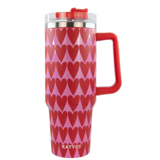 Red and pink heart-patterned 40oz mug with a handle 