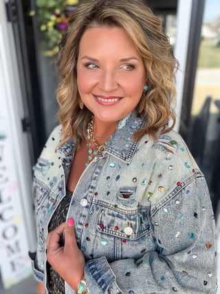Glam Jewel Embellished Distressed Denim Jacket