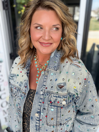 Glam Jewel Embellished Distressed Denim Jacket