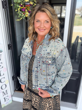 Glam Jewel Embellished Distressed Denim Jacket