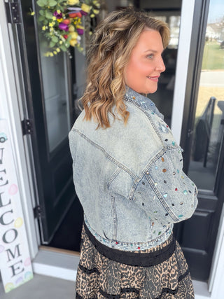 Glam Jewel Embellished Distressed Denim Jacket