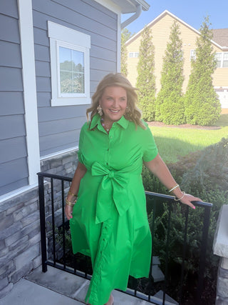 green button down dress with bow