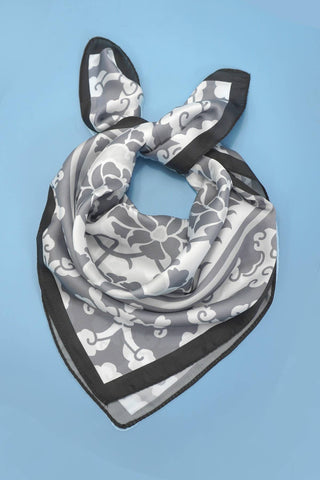 Grey Vintage Floral Print Silky Bandana Scarf