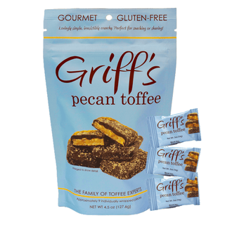 Bag of Griff's pecan toffee with individual pieces