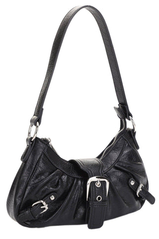 Black leather handbag with silver hardware 
