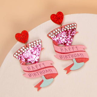 Pair of martini earrings with 'Happy Birthday' text and heart designs