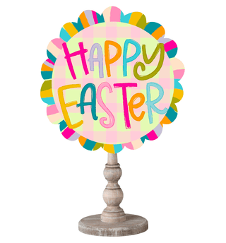 Decorative topper with 'Happy Easter' text.