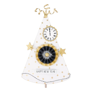Decorative topper shaped like a New Year's hat with gold polka dots and stars.