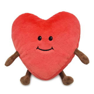 Red heart-shaped plush warmie with a smiling face 