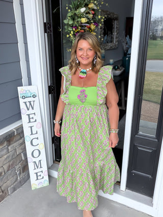 green and purple floral dress