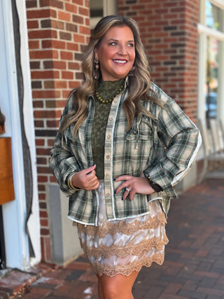 olive plaid button up with lace detail