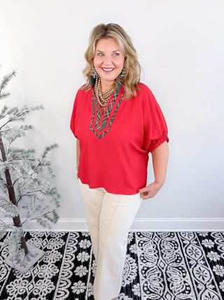 Holiday Contrast Blouse | Red