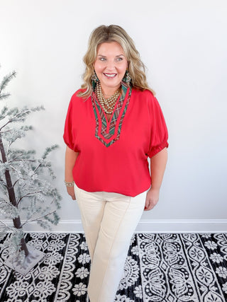 Holiday Contrast Blouse | Red