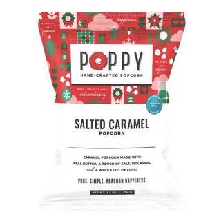 A bag of Poppy Hand-Crafted Popcorn in the Salted Caramel flavor. The packaging features a festive red and green holiday pattern. 