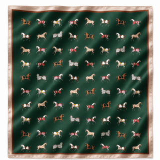 A square silk scarf with a dark green background featuring a grid of various horse illustrations in different colors, finished with a metallic rose gold border.