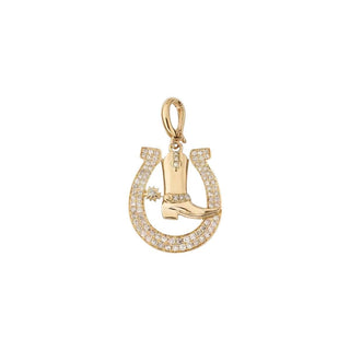 Gold pendant charm with horseshoe and cowboy boot design 