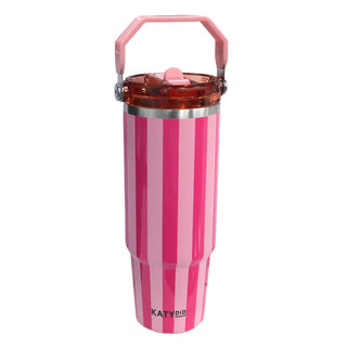 Pink striped tumbler with a handle and flip top straw