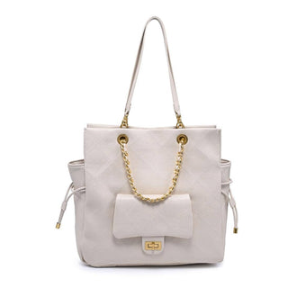 White handbag with gold chain.