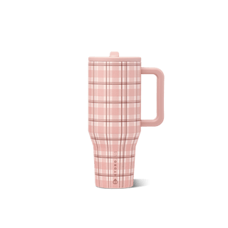 A pink travel mug with a matching lid and handle, featuring a light pink and white plaid pattern with thin brown lines made by Hydro Jug.