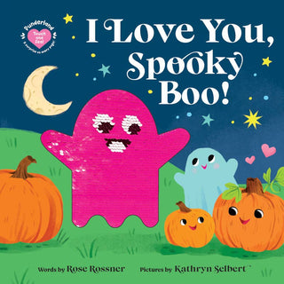 Children's board book titled 'I Love You, Spooky Boo!' with a dark blue night sky, crescent moon, stars, pumpkins, and three playful ghosts in pink, light blue, and orange.