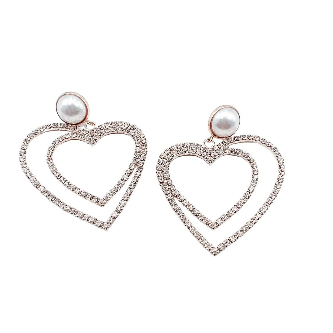 Pearl Crystal Double Heart Earrings