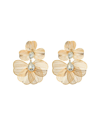 Gold floral earrings with clear gemstones 