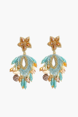 Pair of decorative shell beaded earrings with turquoise and gold elements by America & Beyond.