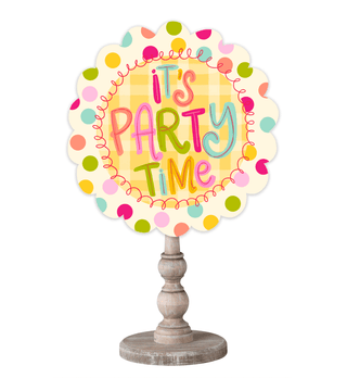 Decorative topper with 'It's Party Time' text.