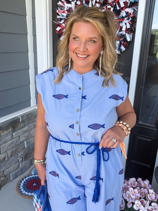 Ivy Jane | Coastal Fish Embroidered Wide-Leg Jumpsuit