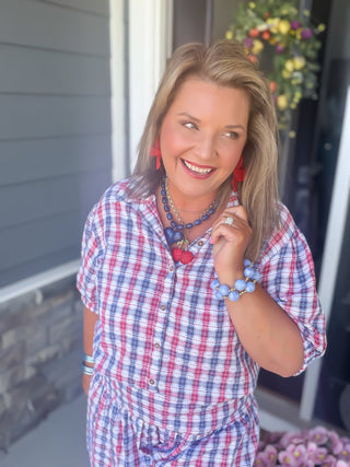 Ivy Jane | Patriotic Plaid Button-Down Cotton Blouse