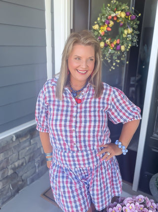 Ivy Jane | Patriotic Plaid Button-Down Cotton Blouse