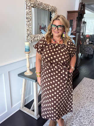 Ivy Jane brown midi dress with beige polka dots with short sleeves and tie around the waist.