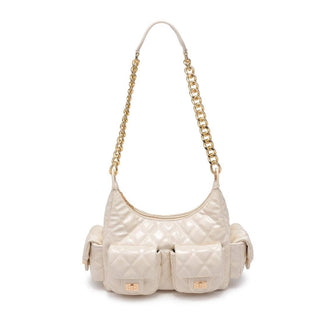 Ivory colored quilted handbag with gold chain strap.