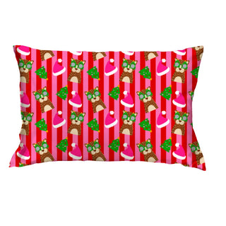 A rectangular pillowcase featuring a festive Christmas pattern with red and pink vertical stripes, christmas trees,  brown leopards, and Santa hats.