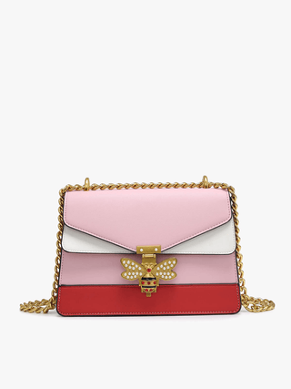 Multicolored handbag with a gold chain and bee emblem 