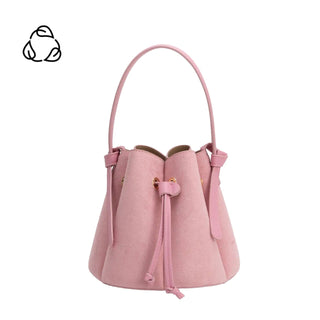A light pink bucket bag made of suede-like material, featuring a single top handle, drawstring closure, and a small gold-tone accent at the center. 