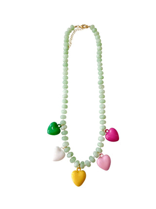 Beaded necklace with colorful heart-shaped pendants.