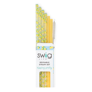 Packaged reusable straw set with lemon design.