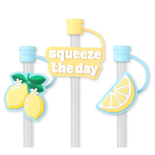 Straw set with lemon-themed designs and 'squeeze the day' text.