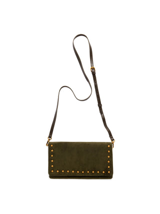 An olive green suede crossbody bag with gold-tone studs along the borders and a dark brown leather strap.