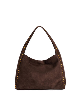 A dark brown suede hobo shoulder bag with gold-toned nailhead trim along the edges of the strap.