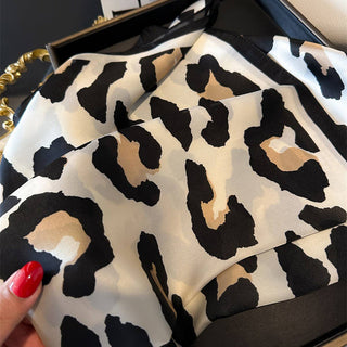 Leopard Print Satin Square Scarf | Beige