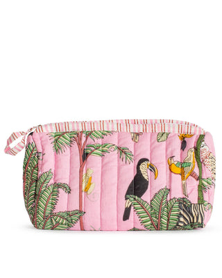 Pink quilted cosmetic pouch with tropical bird design.