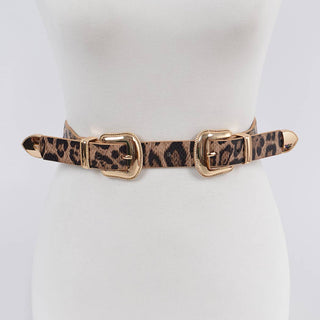 leopard stretch belt with two gold buckles