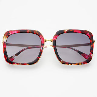Sunglasses with a burgundy  tortoiseshell frame.