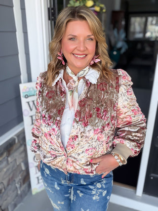 Lux Floral Quilted Velvet Bomber Jacket